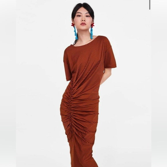 Zara Striped Burnt Orange Midi Dress - Picture 1 of 9